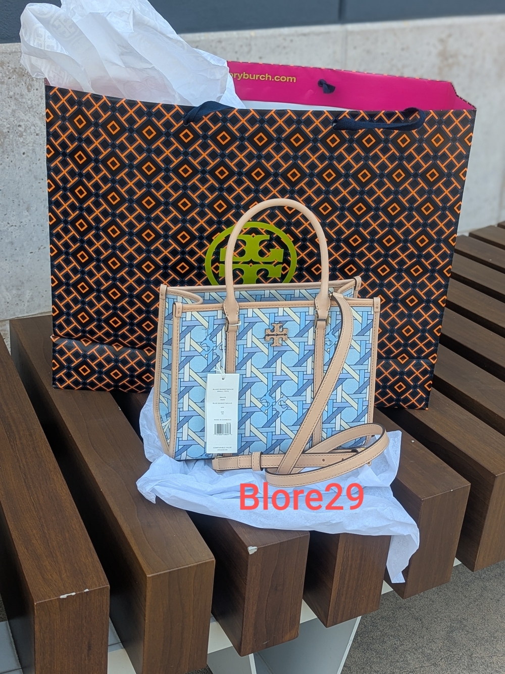 Tory Burch Blue Basketweave Small Tote